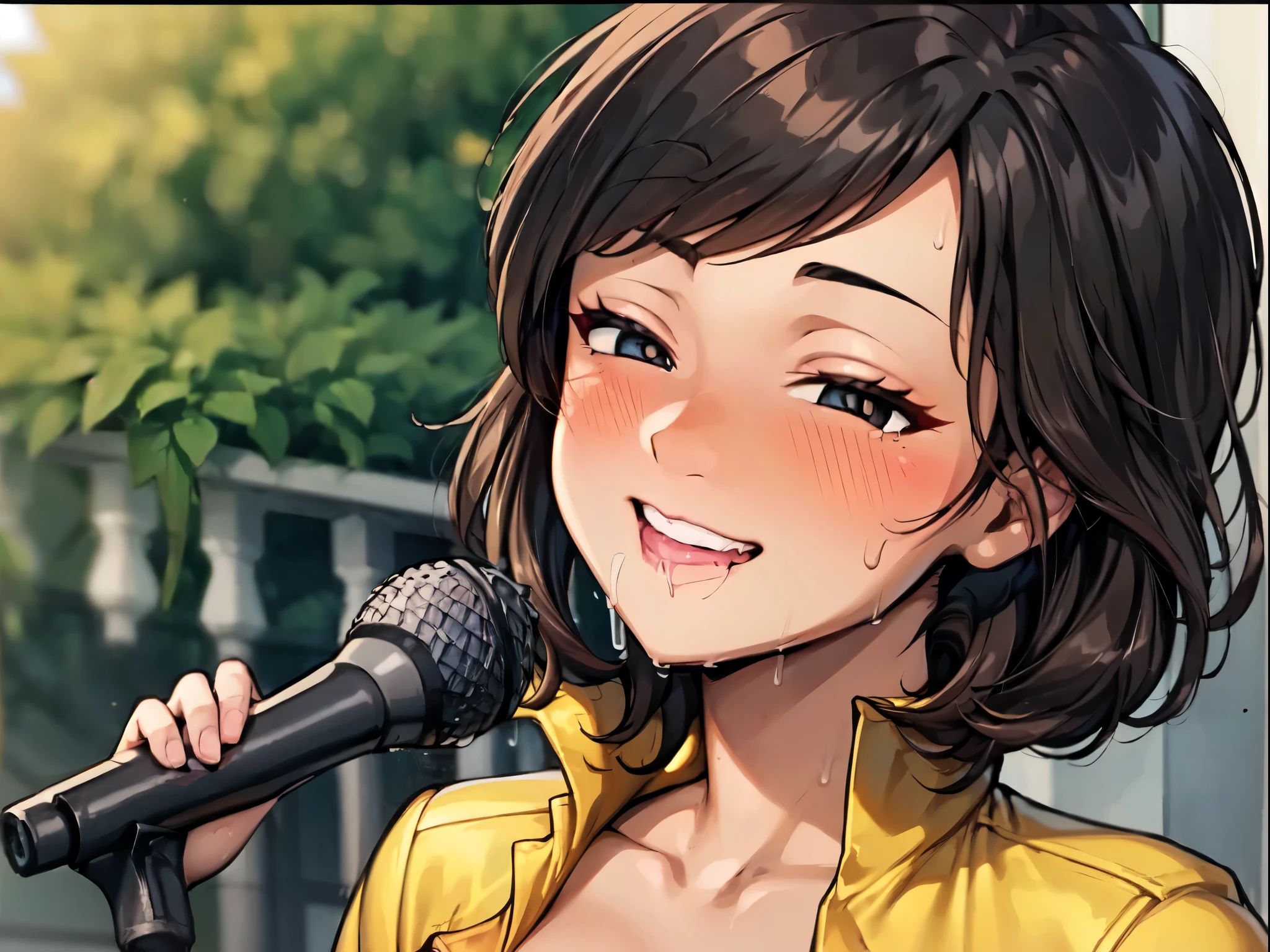 （（super high quality,Ultra-high resolution,16K,super masterpiece,Ultra HD ,Detailed shading,））A dimly lit park at night,（（３Sexy woman））,Cleavage,Yellow jumpsuit,White belt at waist,popped Tight collar,smile,blush,Sweaty,holding a microphone in his hand,A small amount of drooling,