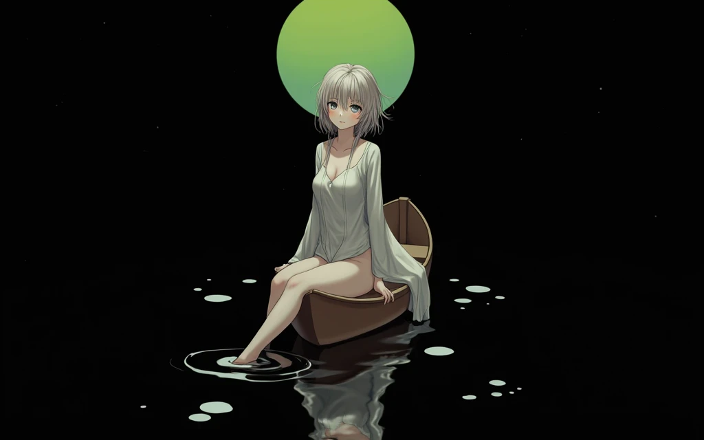 masterpiece, Best quality, 4K, uhd, Mishojo, drawing, beautiful eyes and detailed face, illustration, Sitting in a boat, In water