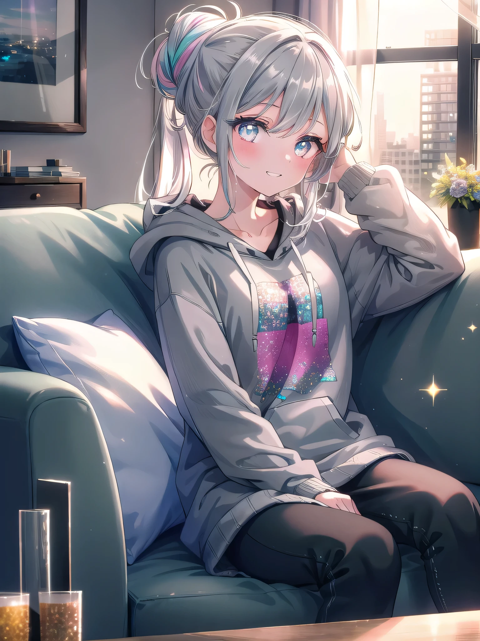 ((8k, Highest quality, masterpiece: 1.3)),Ultra-high resolution,(1 girl, alone), (Color changing eyes, Ultra-detailed, Expressive brilliance, Glitter, Glowing Eyes), Highly detailed eyes, Highly detailed face, Random Hair, ((pastel colour))A beautiful woman relaxing on the living room couch, dressed in a casual grey hoodie and black leggings. She has her hair tied up in a messy bun, with a few loose strands framing her face. She’s holding a TV remote in one hand while the other is resting on her lap. The warm glow of the evening lamp bathes the room in a soft light. She looks up at the camera with a teasing grin, her eyes sparkling with playful affection, as if inviting her boyfriend to join her on the couch.