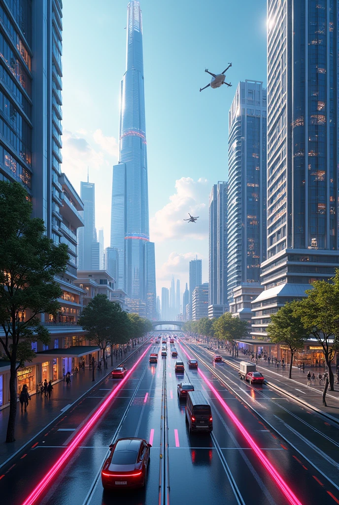 "Create an image of an extremely futuristic smart city, showcasing advanced technology and innovative design. Depict a skyline filled with towering skyscrapers featuring sleek, high-tech facades and dynamic, glowing lights. The city should be bustling with autonomous vehicles gliding smoothly on elevated roads, drones flying overhead, and pedestrians using holographic interfaces for navigation. Include elements like smart buildings with integrated green spaces, automated public transport systems, and interactive digital billboards. The streets should be clean and organized, with efficient energy sources like solar panels or wind turbines subtly integrated into the architecture. Use vibrant, neon colors and a bright, clear sky to emphasize the cutting-edge nature of the city and its harmonious blend of technology and urban life."

























