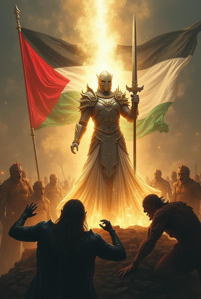 Soldat de lumière justice divine qui coupe la tête des démons sur le drapeau de Palestine le pleure des innocents
