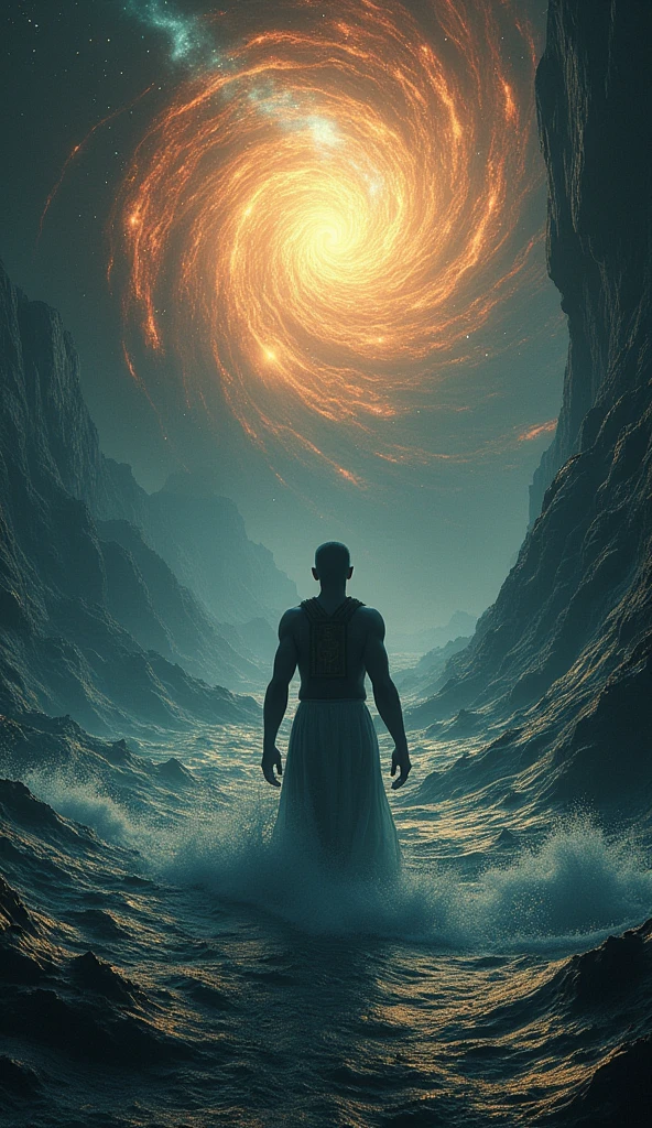 Create a scene depicting the primordial chaos with dark swirling waters and cosmic elements. Atum's silhouette should be visible emerging from the chaos, with Egyptian symbols subtly integrated into the background. Use masterpiece, best quality, CG, wallpaper, HDR, high quality, ultra detailed, cinematic, high detail, 8k, raw, high, artstation HQ, unreal engine, octane renderer, 4k resolution, hyperrealistic, highly detailed