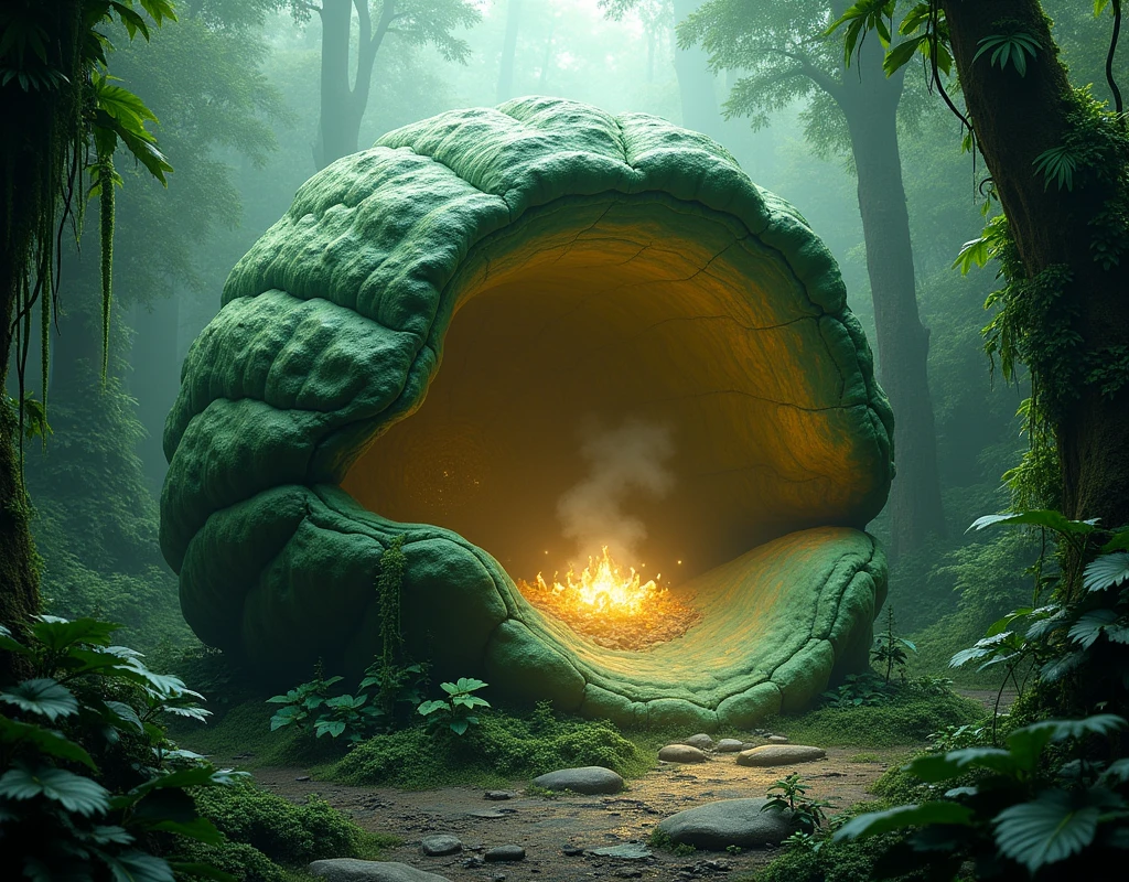 a highly detailed moss green on.oyster shell . stone cockle giant open mouth ..in jungle. glowing magical inside.