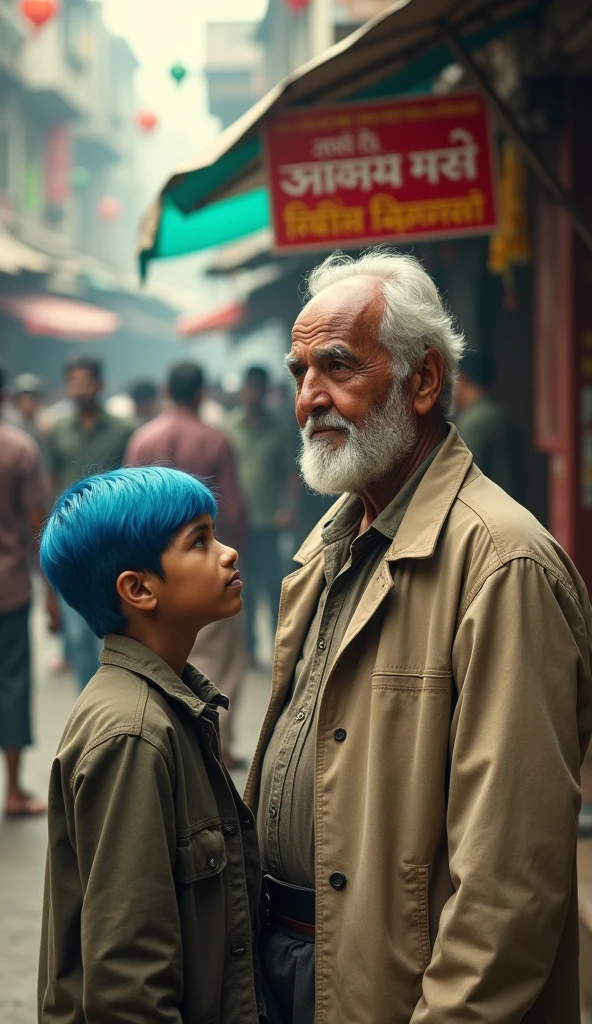 A scene on a busy street in India, showing an elderly man with white hair and a beard, wearing a beige jacket. He stands beside a young boy with bright blue hair, who looks up at him with a serious expression. The background is a bustling marketplace with blurred shops and pedestrians passing by, creating a sense of movement. The title of the movie is displayed at the top of the image in bold red and yellow text, contrasting with the muted colors of the street scene."
This prompt should capture the essence of the scene you're describing!