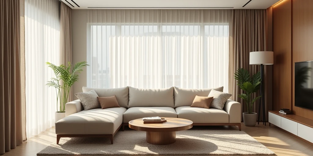 现代简约时尚的living room,Youth Apartment,romantic,Very atmospheric,The front of the sofa is in the middle,living room,Bright light,(best quality, masterpiece, 8K, Reality, Movie Lighting, 1:4 hdr images, Extremely detailed, Beautiful images),(Modern style architecture),The atmosphere is ambiguous,Wide Angle,curtain,metal decoration