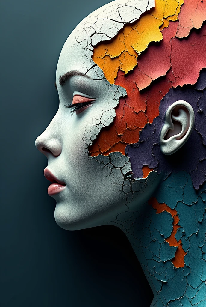 A captivating digital abstract art piece showcasing a disintegrating human face in a horizontal layout. The side profile features layers that appear to be peeling or disintegrating, painted in vibrant colors such as yellow, red, and blue. The textured, cracked surface resembles aged paint or weathered wood, adding depth to the artwork. The background is a gradient of dark blues and grays, contrasting the vibrant subject. The modern and surreal style evokes movement and transformation, reflecting the artist's signature style. Tanvir Tamim's signature is present at the bottom right corner, acknowledging the artist's creative talent.