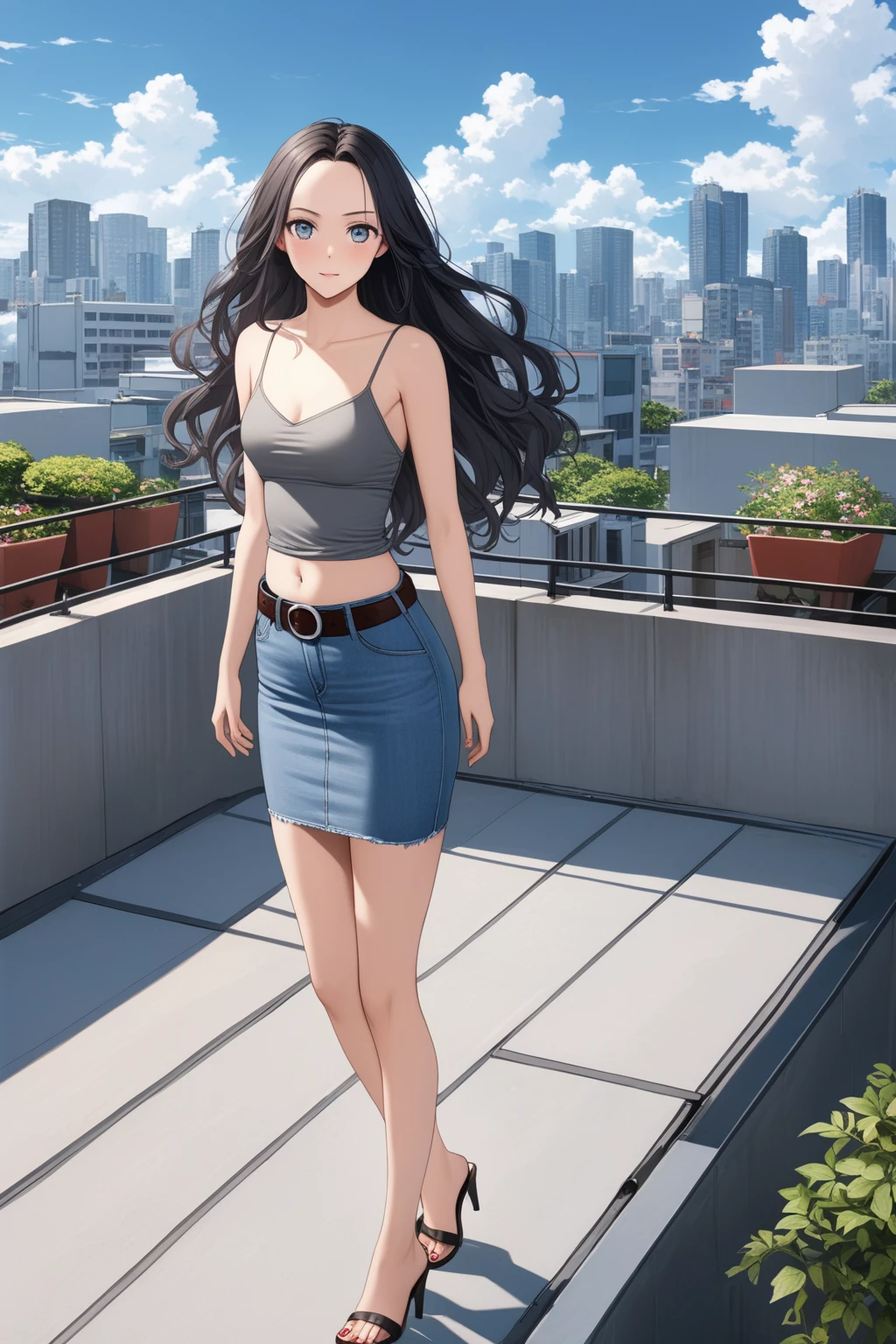 realistic anime illustration of pretty young woman is posing at rooftop park, she has black long wavy hair (+forehead), wearing gray camisole, aegeon-blue denim pencil mini skirt with belt, (1girl, solo, full body), (masterpiece, best quality, japanese anime style), (expressive eyes, perfect face)