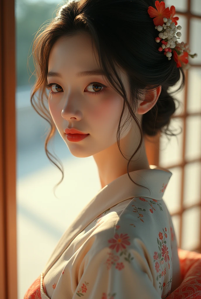 An elegantly dressed Japanese woman in natural light、A close-up of her chest and calm expression.、It shows her inner peace and outer charm.。