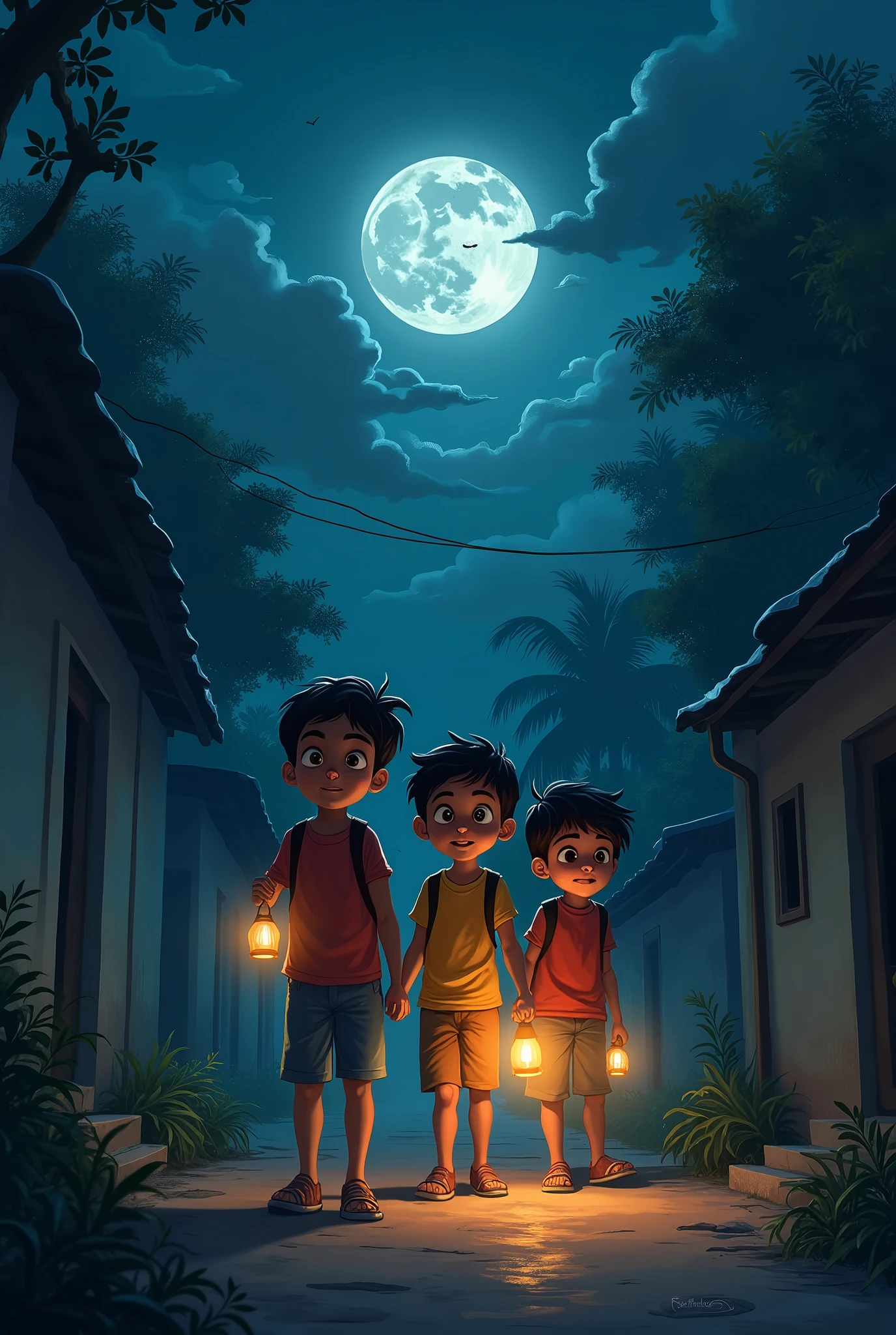 *Image Prompt:* "Three close friends—Ravi, Monu, and Sakshi—are standing together in a small, quiet Indian village. It’s night, and the village is in darkness due to a power outage. The children are shown with curious and adventurous expressions, holding small lanterns or torches to light their way. The narrow village lanes are barely visible in the dim light, with traditional houses and trees casting long shadows. The moon is partially covered by clouds, adding a mysterious and slightly eerie atmosphere to the scene."