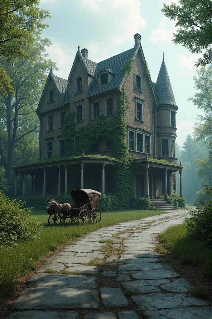 A half-decayed and abandoned mansion,with a road in front of him and a carriage 