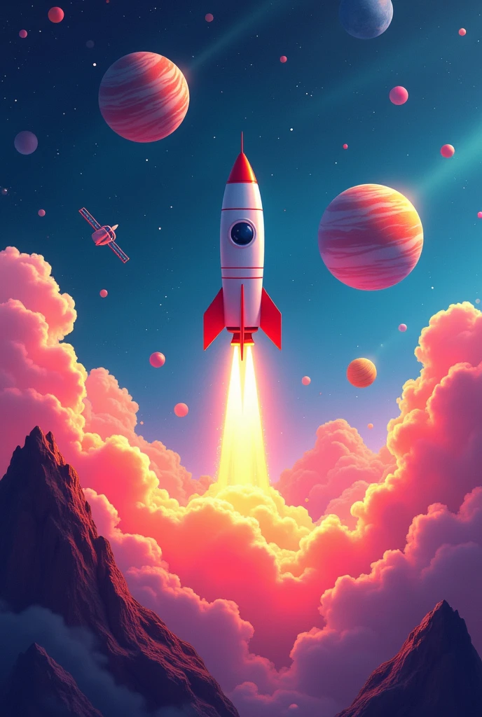 A small rocket going up but in the bottom of the picture generated,in a colorful space with planets and satellite around(in a frame of 9:16) 