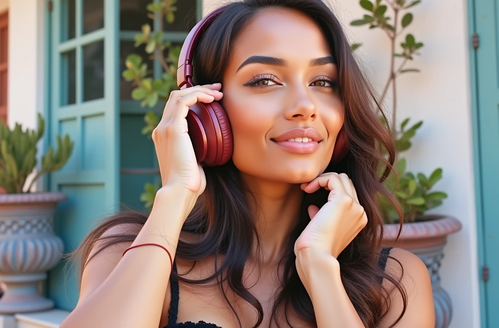 High dynamic range HDR photography of a Daiane Sodre look alike woman with smooth, golden-brown skin and dark, long black hair ,huge breasts, she has a headphone on her head and is enjoying the music. .her bright brown eyes sparkling with warmth, her full lips curled into a gentle smile, wearing a black dress, with hints of warm terracotta and cool turquoise in the architecture, and lush greenery spilling from ornate planters, the camera capturing the scene with remarkable depth and detail, from the wisps of hair framing her face to the delicate textures of the stucco walls, the overall mood evoking a sense of joy, vitality, and cultural pride
