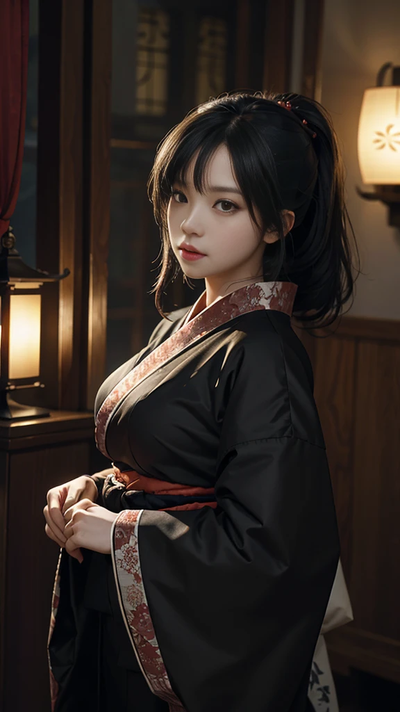 Fantastic atmosphere, dark, big dragon, female maid in black-haired kimono, shrine, high resolution