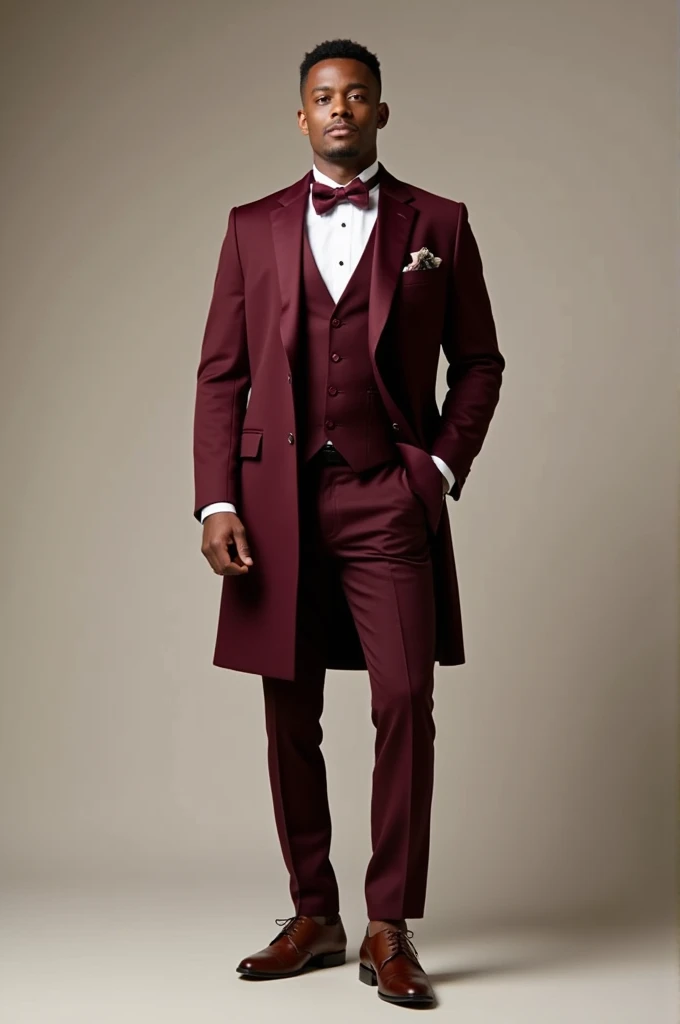Create a groom's Attire. Burgundy El Santos style coat with Burgundy vest, white long sleeve, burgundy bowtie and brown shoes. Whole body picture for Large Male and light brown skin.