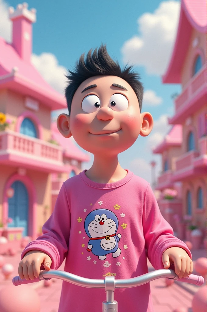 A Korean man with the head of Nobi Nobita wears a pink shirt with a barbie-themed shirt with a background of a pink bicycle and Doraemon&#39;s house