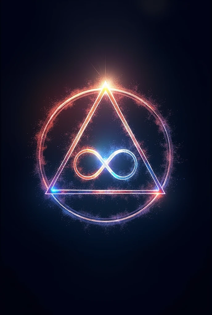 create a logo with an omega symbol inside a triangle that is inside a circle. The appearance of the omega symbol is of a shining appearance. There is a small infinity symbol in the center of the omega symbol., the infinity symbol appears to contain the entire color spectrum