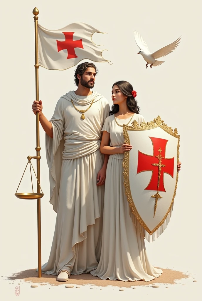 Male and female version of neutrality with white red and gold 
Both of them are protector one with a banner with the red cross and the other  a shield inspired by the red cross
Add the shield and a weighing scale ⚖️

Needs a  healers of the wounded  symbol or vide in them 
Add a dove on the clothes to symbolize peace


Now add physical meantal and spiritual healing 
