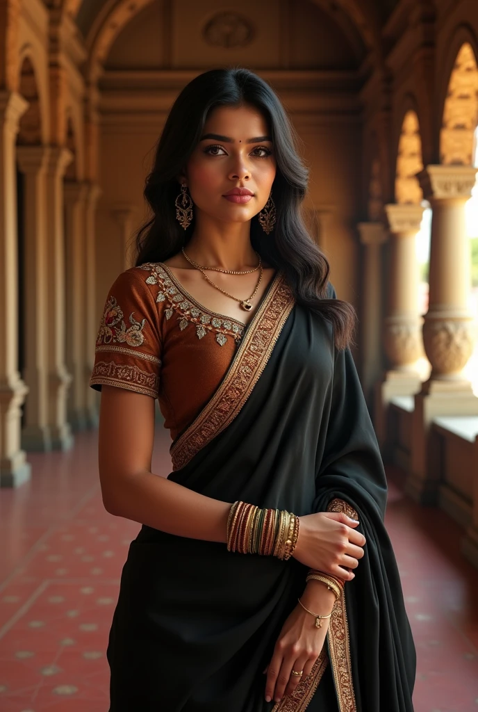 Mia khalifa type face cut indian girl in brown blouse and black saree standing in marriage hall