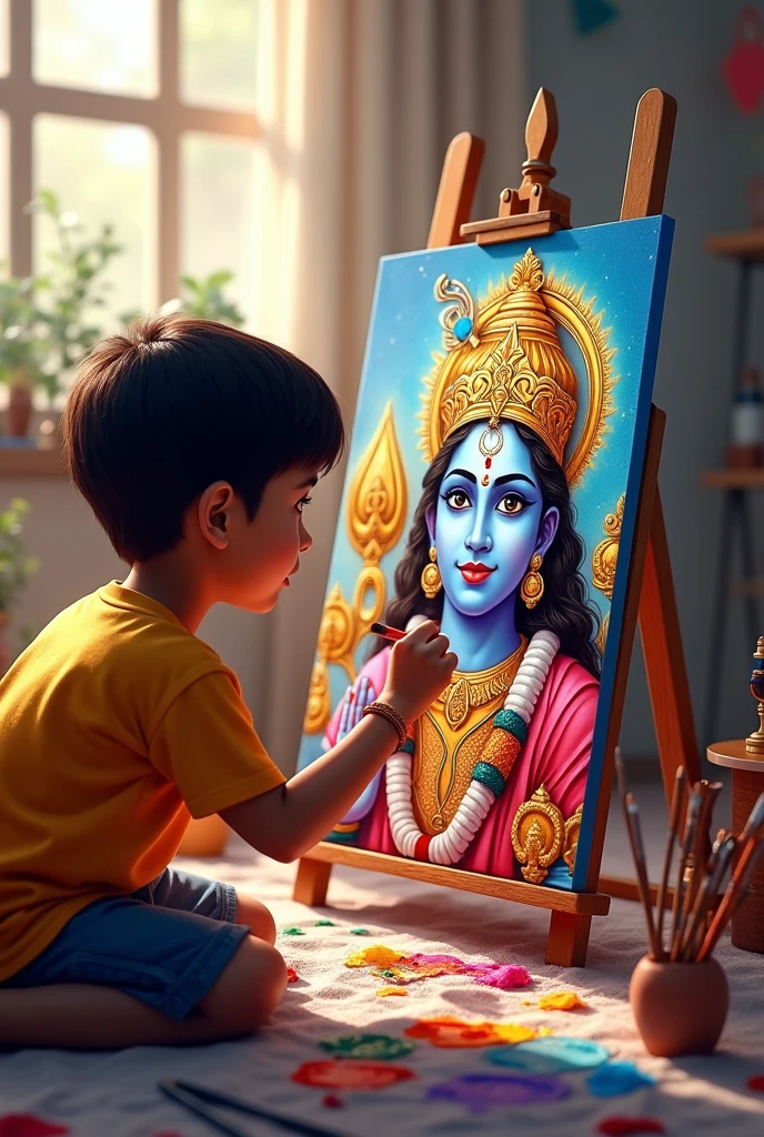 Mishank named T-shirt wearing a boy making a painting of lord Ram and lord Krishna on canvas and surrounded with colours and brushes in a room or an area 