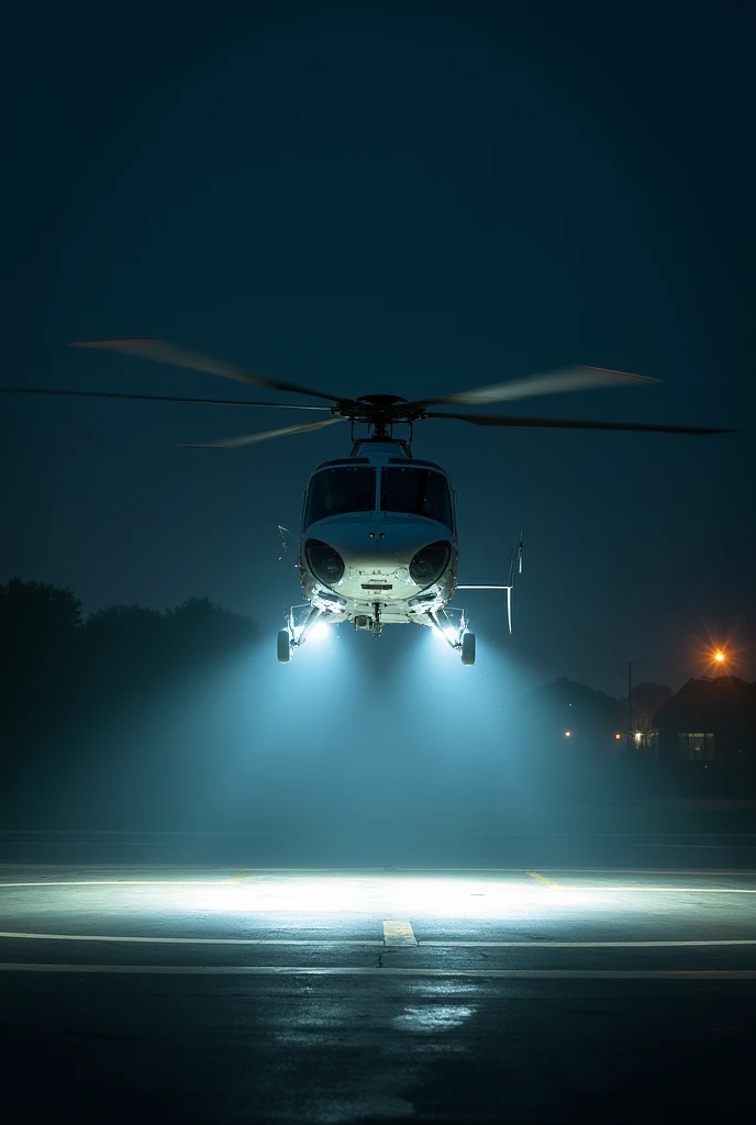 A hellicopter is landing on the helipad at the night and light from the hellicopter is focused on the helipad (H).