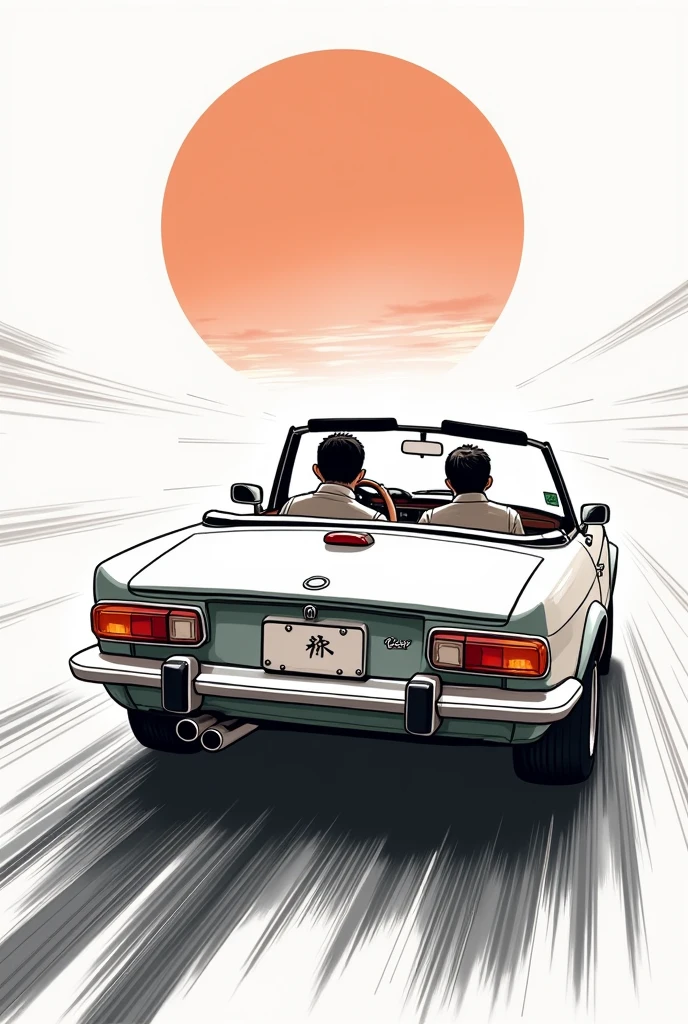 Cars are fun、T-shirt design、An illustration、Rear of the car、Monochrome design、Brush writing、Handwritten style、Japanese men、Driving a convertible、Japanese style painting、Speeding car、Circular design、