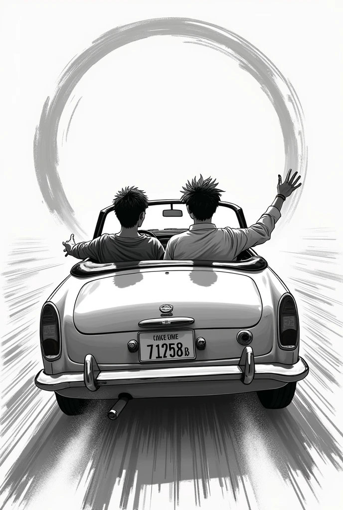 Cars are fun、T-shirt design、An illustration、Rear of the car、Monochrome design、Brush writing、Handwritten style、Japanese men、Driving a convertible、Japanese style painting、Speeding car、Circular design、