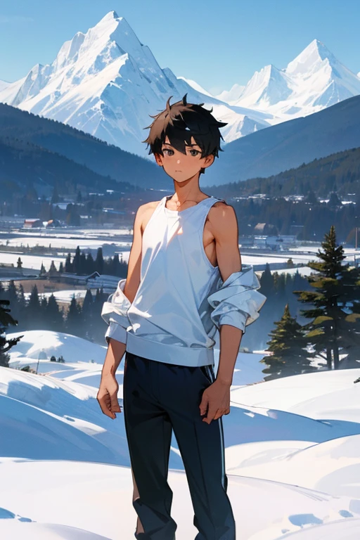 Snowy mountains in the background、An elementary school boy standing wearing a tight white tank top、The sleeve opening of the tank top is wide、tall、Handsome
