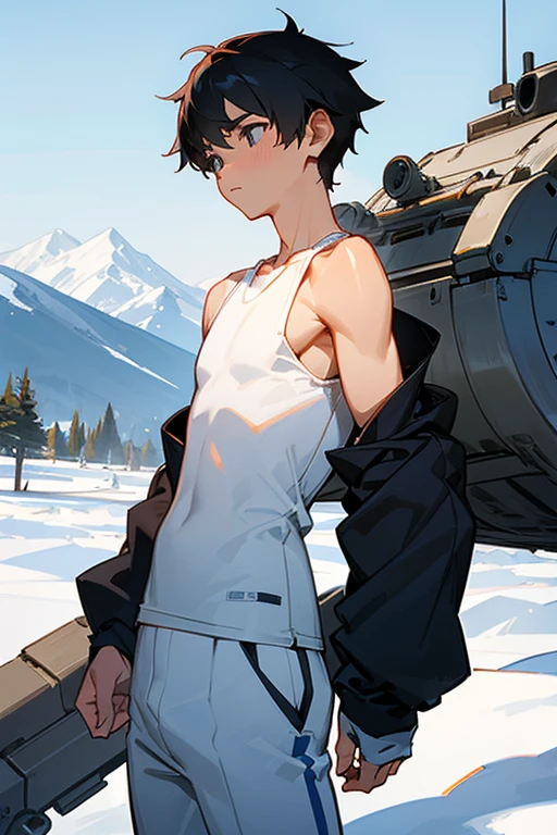 Snowy mountains in the background、An elementary school boy standing wearing a tight white tank top、The sleeve opening of the tank top is wide、tall、Handsome