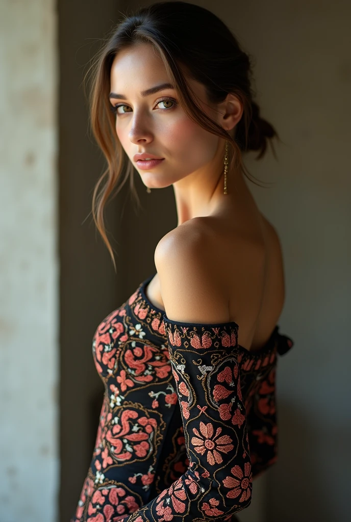 European woman model wearing short dress with luxurious embroidery