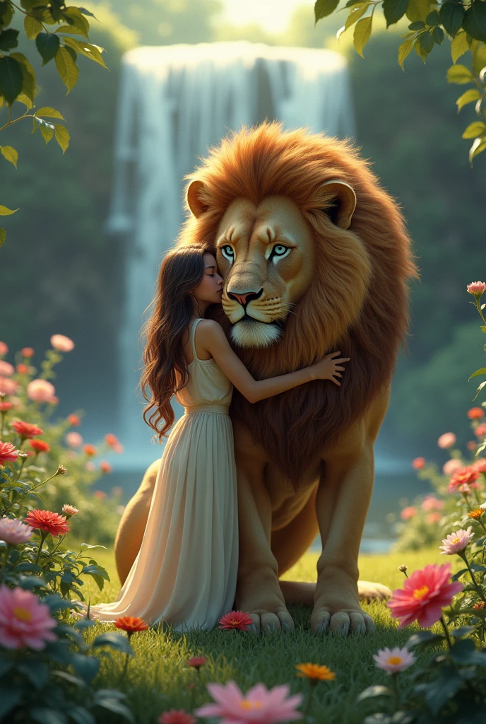 A with blue eyes brown hair white skin hugging a maned lion in a garden with flowers and waterfalls