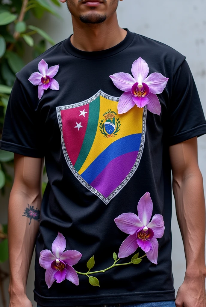 A shirt that contains the three colors black, purple and lilac. Let the shield be the united flag of Venezuela and Brazil and an orchid 