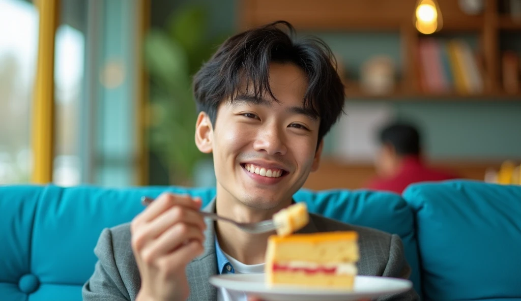 A Japanese male college student wearing fashionable clothes is sitting on a blue sofa with a cheerful expression and eating cake with a fork,Excited, Photo of your face, In a colorful room, with a natural look, With a slightly tired look, tilt your face a little, Diagonal orientation, Average face