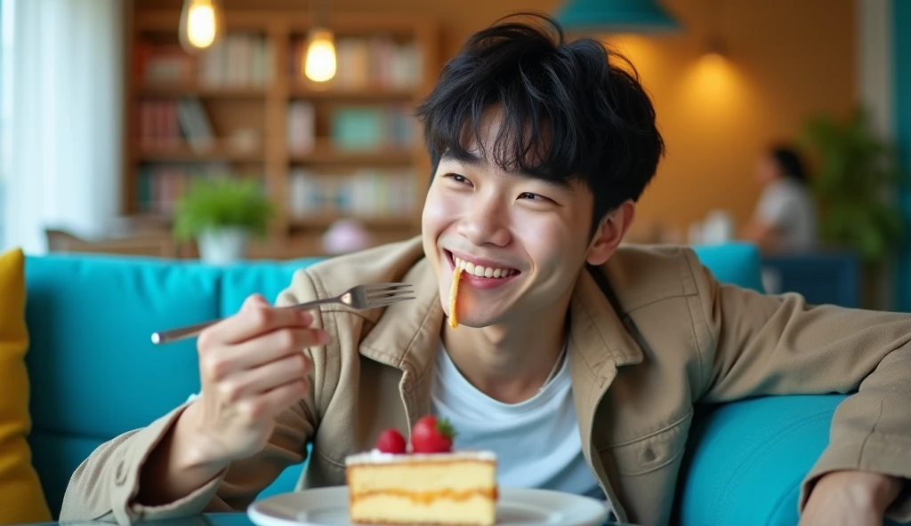 A Japanese male college student wearing fashionable clothes is sitting on a blue sofa with a cheerful expression and eating cake with a fork,Excited, Photo of your face, In a colorful room, with a natural look, With a slightly tired look, tilt your face a little, Diagonal orientation, Average face