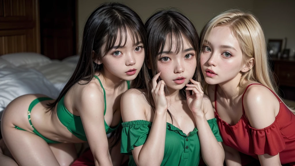 two skinny teenage girls with small breasts kissing, one a blonde Russian in a very short red dress, and the other a brunette Thai girl in a short green blouse and a very short black mini skirt, both in a position showing a little of their white panties
