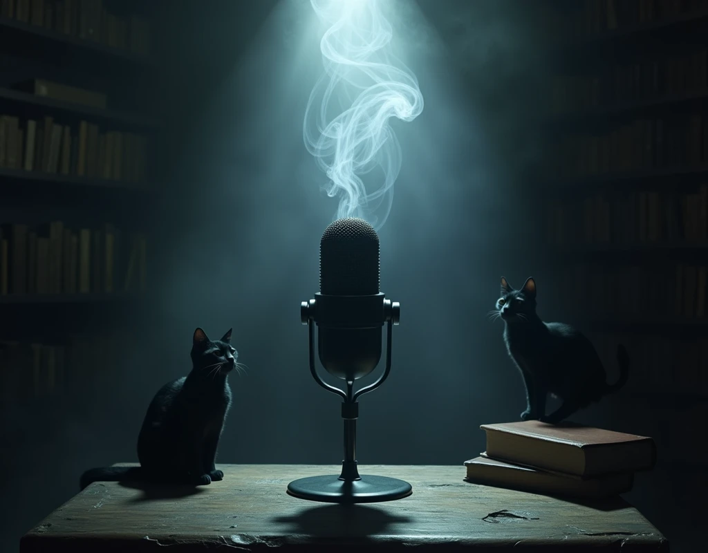 Make a dark room with a lamp above making it throw light towards the floor, the light reveals a microphone, Smoke comes out of the microphone, Behind the microphone there are books and black cats