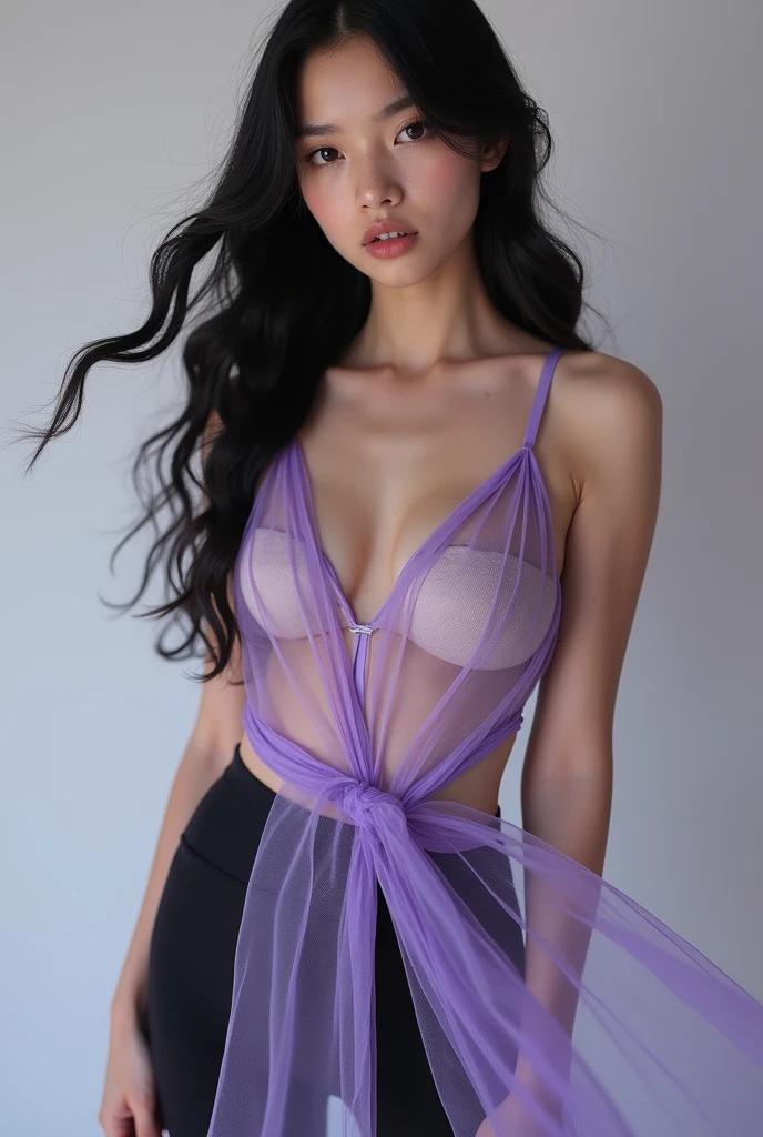 "Ultra HD 8K photograph of young girl has black hair and lavender eyes, dressed in a sleeveless lavender dress with a mesh shirt underneath and black mid-length leggings, emphasizing her narrow waist, long legs, voluptuous athletic figure and  h cup