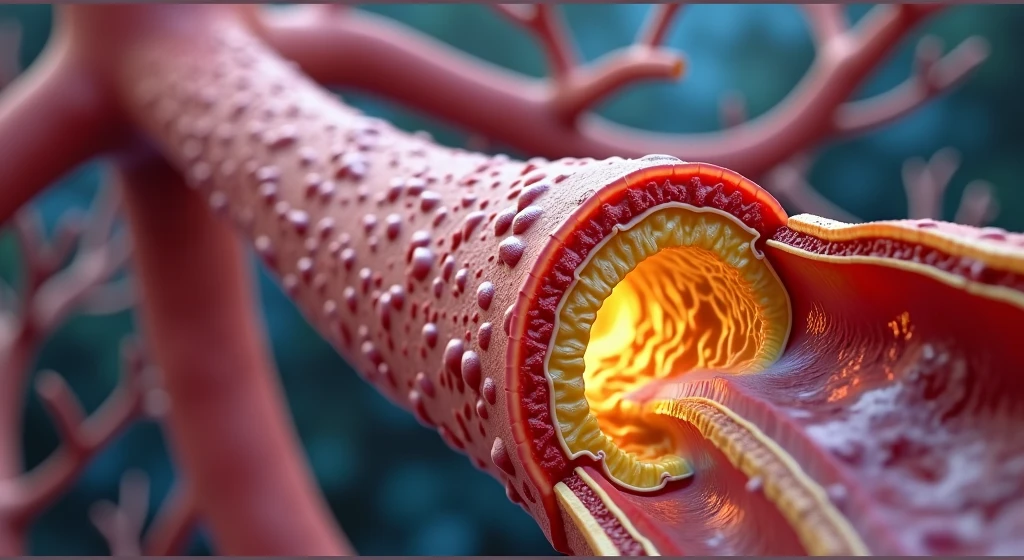 A medical illustration of a cross-section of artery,  narrowed by plaque buildup, reducing blood flow. the plaque is shown in yellow.