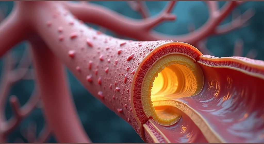 A medical illustration of a cross-section of artery, narrowed by plaque buildup, reducing blood flow. the plaque is shown in yellow.