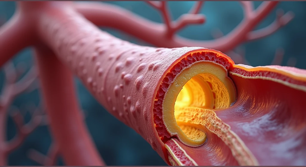 A medical illustration of a cross-section of artery, narrowed by plaque buildup, reducing blood flow. the plaque is shown in yellow.