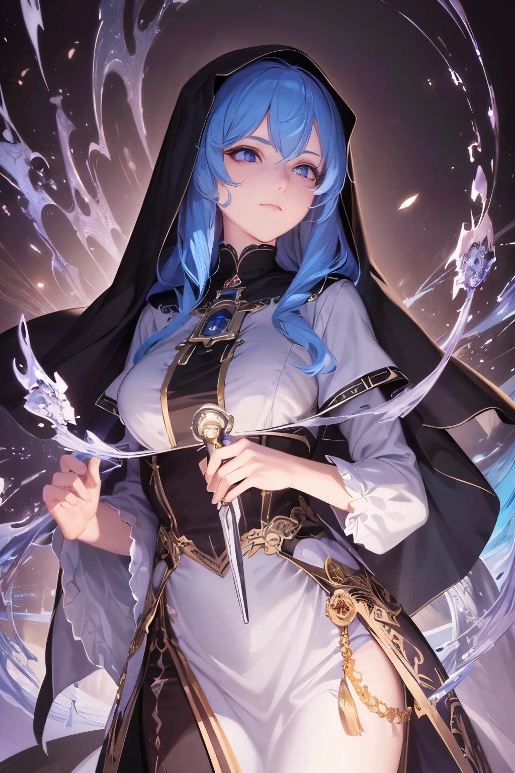 masterpiece, best quality, (extremely detailed CG unity 8k wallpaper), (best quality), (best illustration), (best shadow), absurdres, realistic lighting, High definition, Lady, solo, nun, loose outfit, prim, long veil, topaz blue eyes, perfect face, elegant, (topaz blue hair: 1.2), proper pose, effect background, art by guweiz