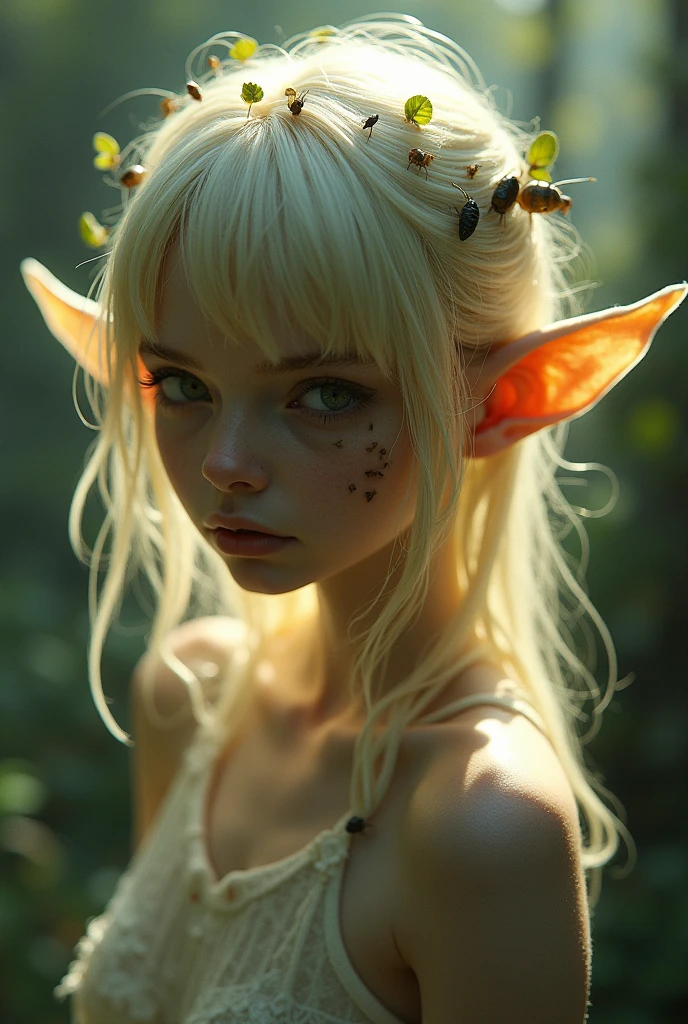 (Realystic:1.4), analog photo style, depths of field, (a blond-haired adult Pixie with different eyes), (small leaves and insects got tangled in wet hair), wide waist, (her full body is a visual pleasure), view from above, dark fantasy atmosphere, deep shadows with the some sun rays, a delicate balance between reality and fantastic, faded colours, great quality, Masterpiece, most detailed blurred surreal background, naturally cinematic light, 16k quality, kodak porta 400, bokeh.