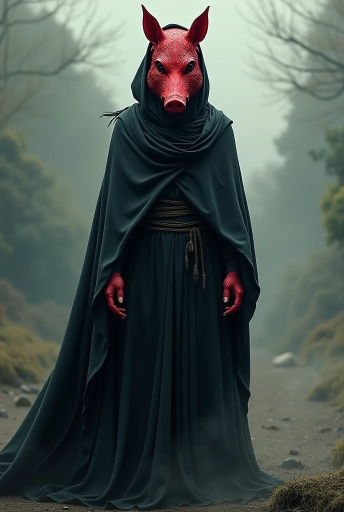 A  wearing a red wild boar mask
