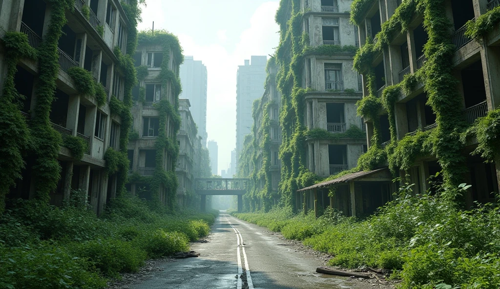 destroyed city with plants growing on buildings, a road in the middle