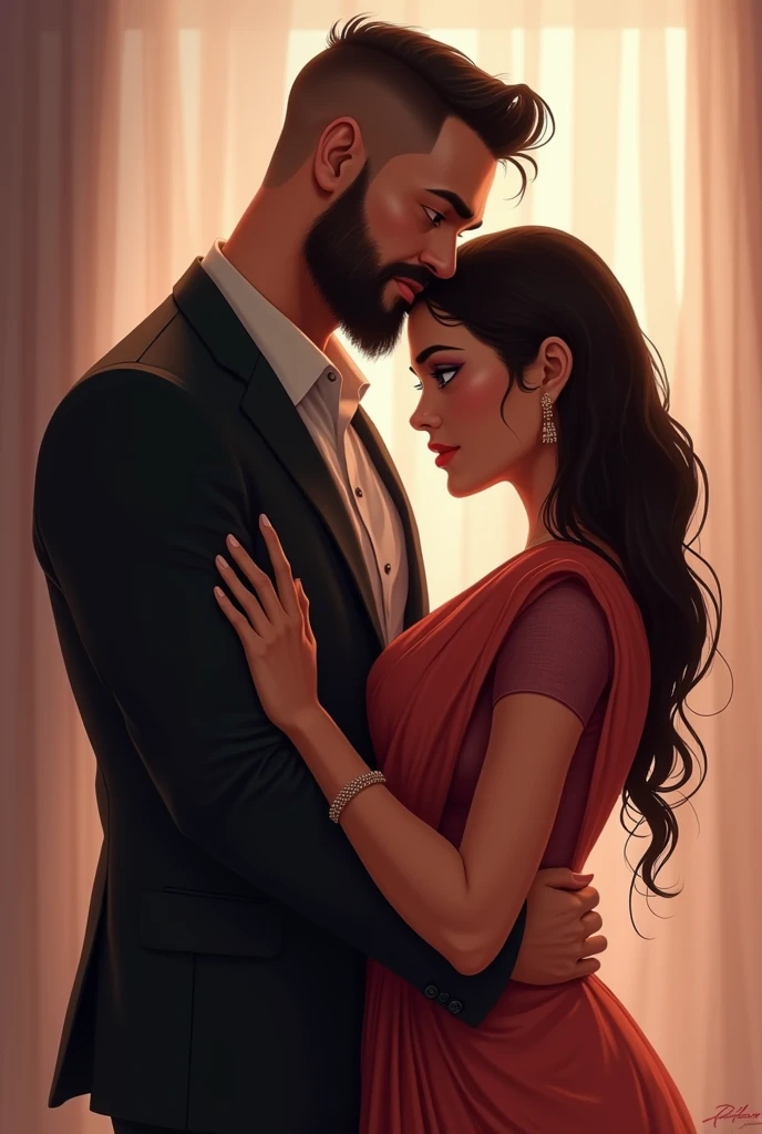a mature man with a beard, hair should be short , dressed in a suit, standing behind a woman who is wearing a saree and blouse medium chubby and looks sexy .The woman leans on his chest and hugging him while the man, with a mature and confident expression, gently embraces her from behind. The man’s appearance is distinctly mature, avoiding any childish or boyish traits. The scene captures an intimate, warm moment with soft lighting and pastel tones. The background is softly blurred, emphasizing the cozy and romantic atmosphere with a realistic . The man should have buzz cut hair