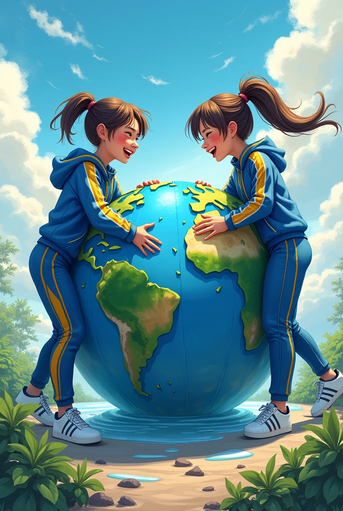 creates the happy planet earth being hugged and cleaned by 2 female students in blue and yellow striped tracksuits with white sneakers