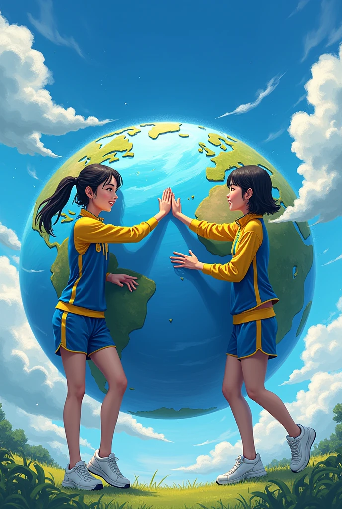 creates the happy planet earth being hugged and cleaned by 2 female students in blue and yellow striped tracksuits with white sneakers