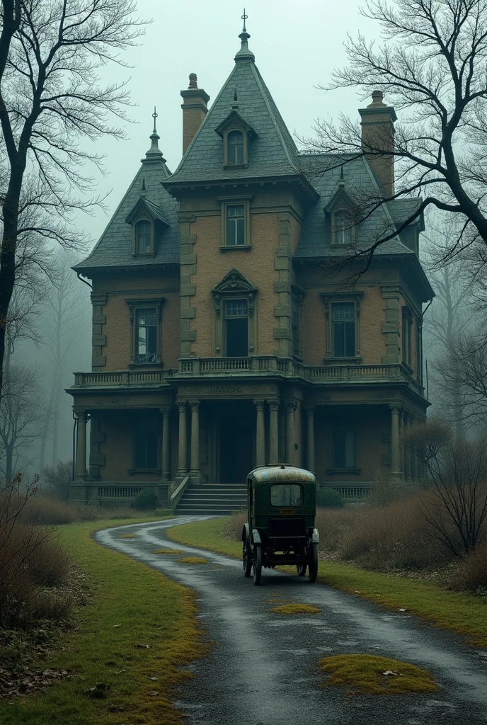 A half-decayed and abandoned mansion,with a road in front of him and a carriage (all a bit dark 
