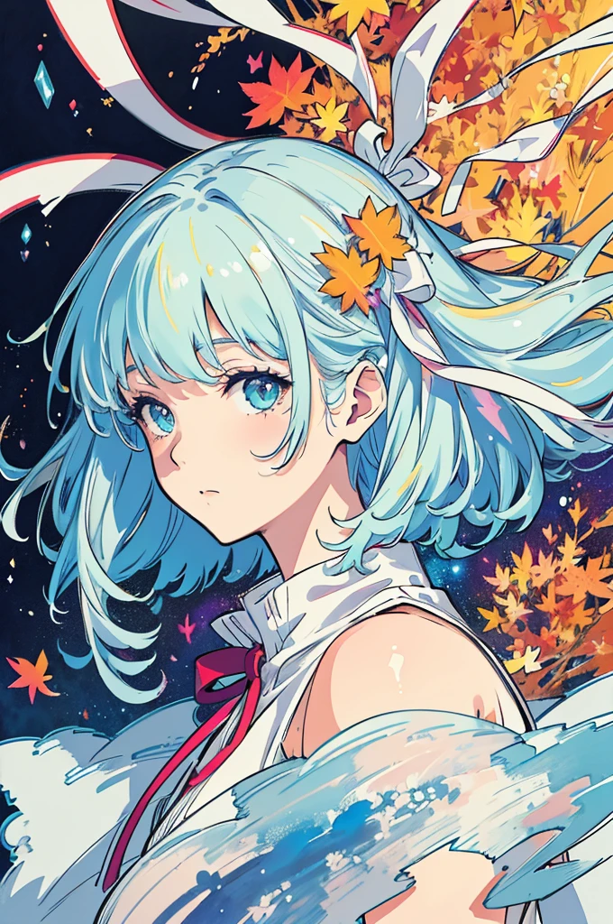 (8k, best quality, masterpiece:1.2),(best quality:1.0), (ultra highres:1.0), watercolor, a beautiful woman, shoulder, hair ribbons, by agnes cecile, half body portrait, extremely luminous bright design, pastel colors, (ink:1.3), autumn lights,