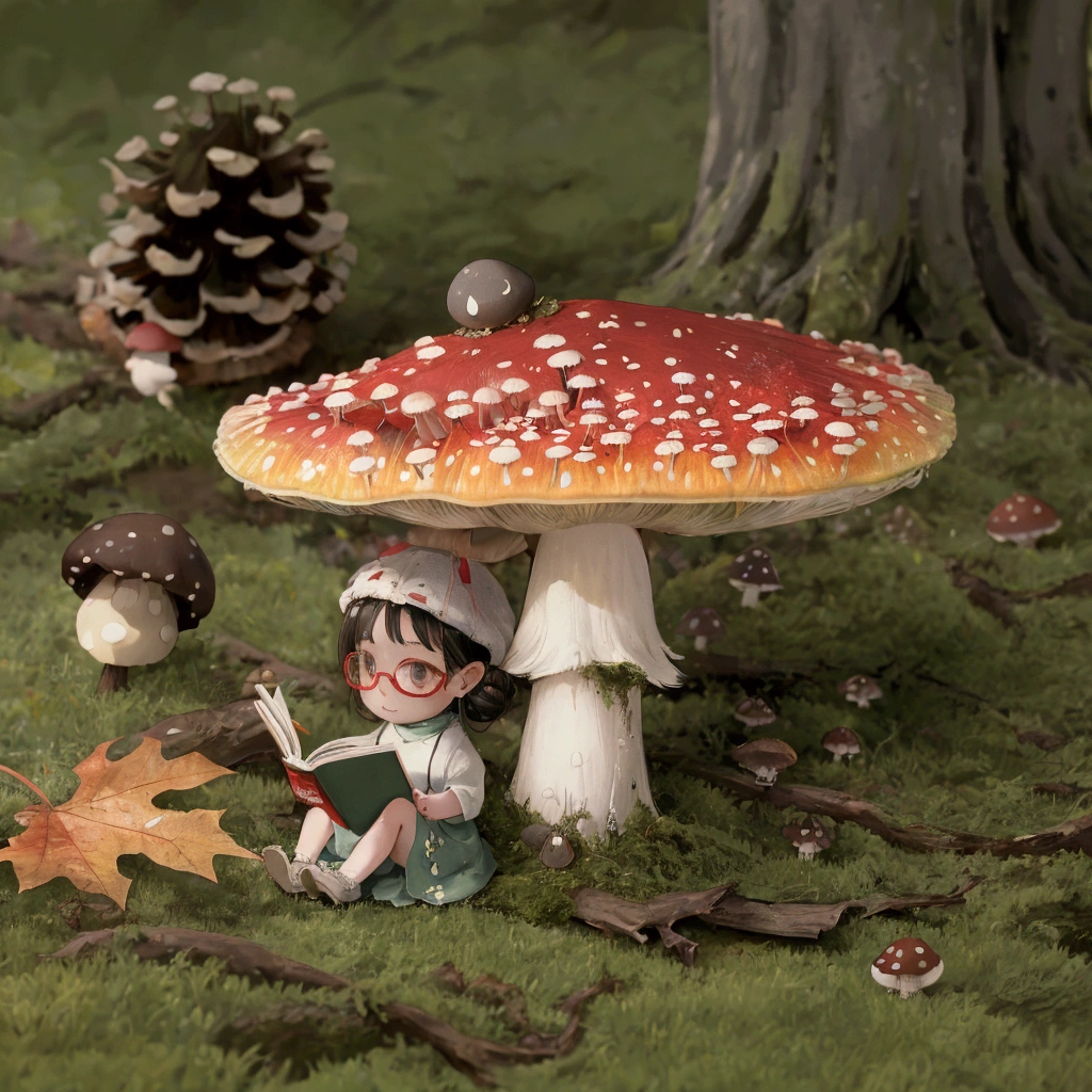 A cute cartoon illustration wearing glasses,Sitting under a fly agaric mushroom on a moss-covered forest floor。The girl is wearing a little hat,Reading。There is a snail crawling on the mushroom cap。There is a pine cone in the background、an acorn and a maple leaf。The overall picture has a dreamy mood。