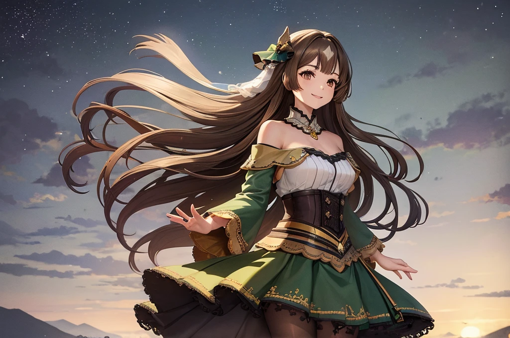 masterpiece、Highest quality、2D Anime、A beautiful horse、Touching head with both hands、Looking up、teeth、Dark lipstick、she is a mature woman、A hair ornament on the right side of her head、smile、Some of the bangs are white.、Brown Hair、Long Hair、Half Up、Dark brown eyes、Strapless and shoulderless dark green kimono、Dark green sleeves、skirt、pantyhose、Beautiful breasts、Starry Sky、Strong winds、Chest centered、From the knee up